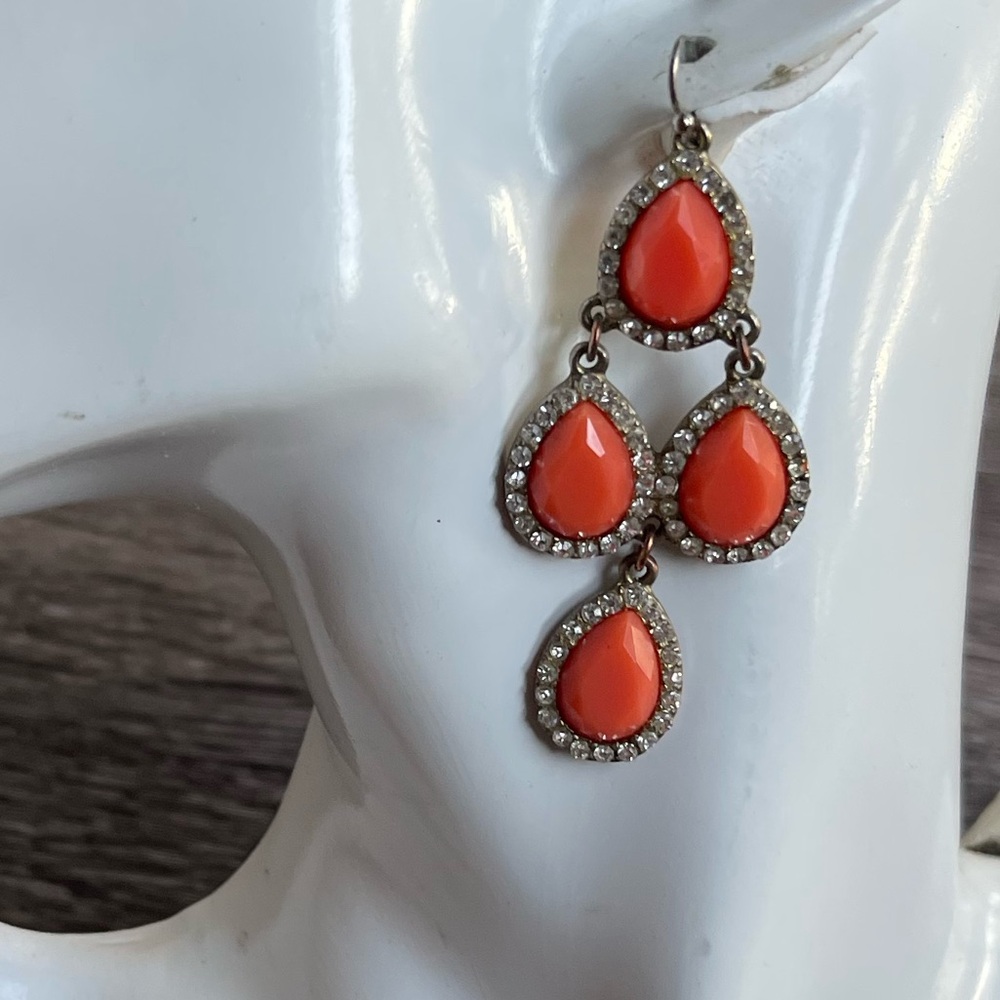 Dangle Earrings gold toned dangling hook earrings orange teardrop faceted stone